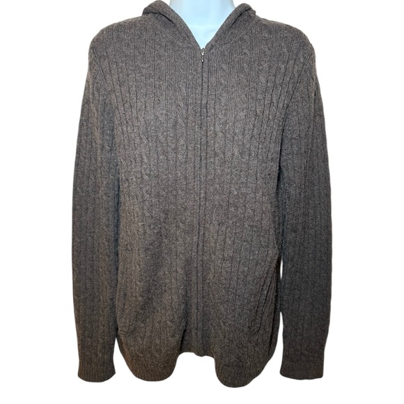 LL Bean Sweaters - LL Bean Womens M-Reg Cable Knit Full Zip Hooded Sweater Brown Lambs' Wool Blend